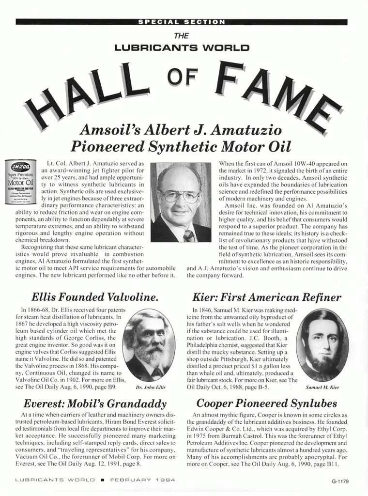 History of Synthetic Oil. Al Amatuzio - Hall of Fame - Pioneered Synthetic Motor Oil