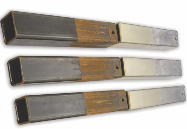 The image below shows three pieces of new steel (left) and three pieces of new aluminum (right) that were treated with Heavy-Duty Metal Protector on their left halves.